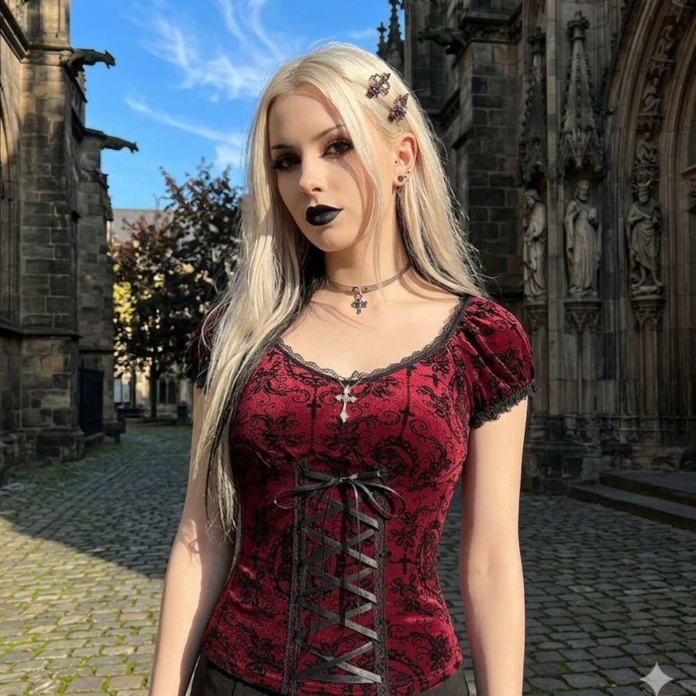 Red Black Lace-Up Gothic Corset Top